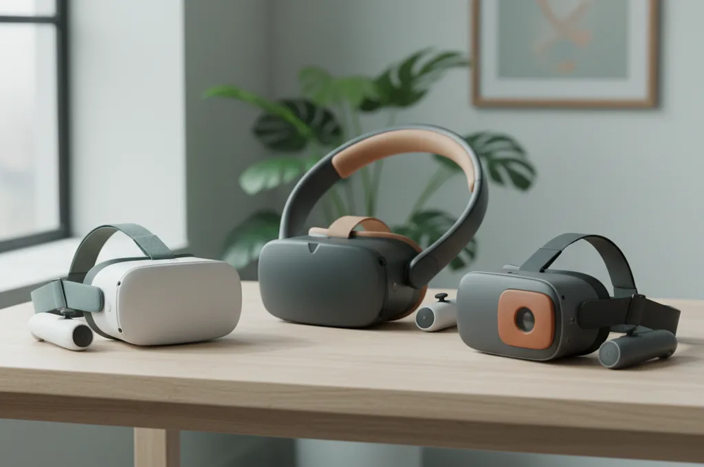 Three modern VR headsets on a desk, compared for motion-sickness comfort