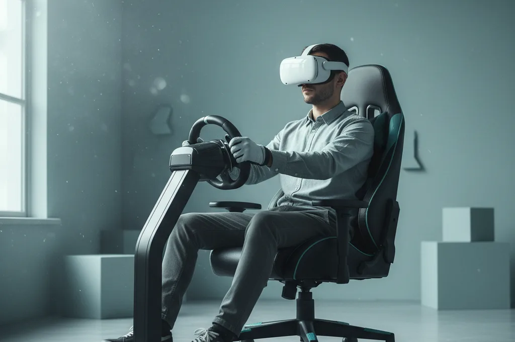 A person playing an immersive VR game similar to Gran Turismo 7 (VR)