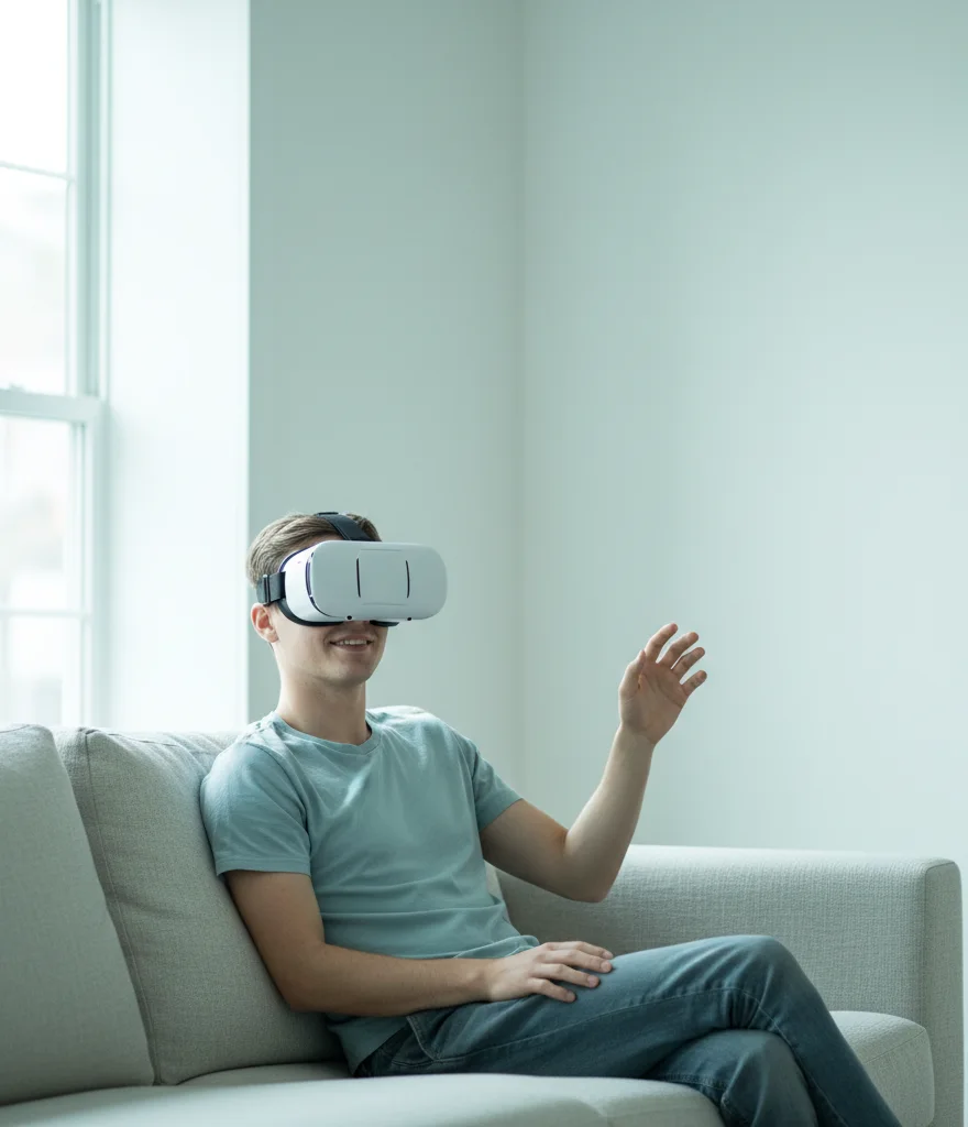 A person relaxed and comfortable in a VR headset on a sofa, calm after setting up the right comfort settings