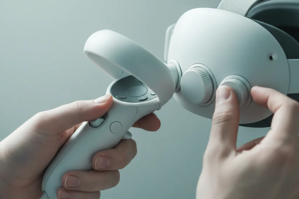 Hands adjusting a VR headset and controller to set up comfort settings
