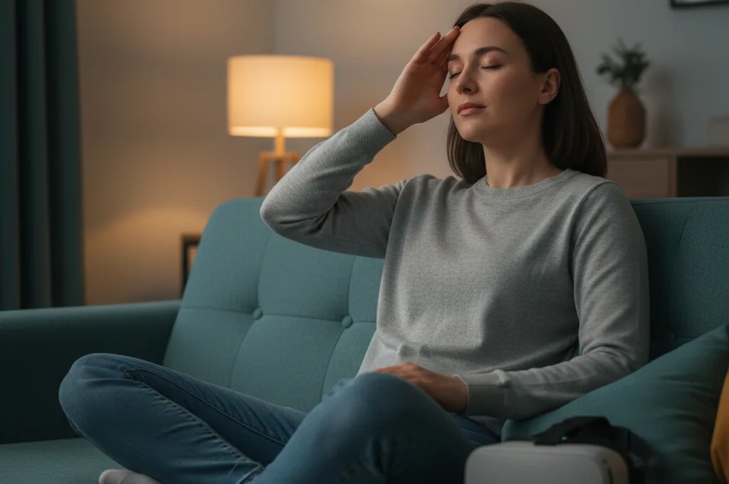 A tired person resting on a couch after VR with the headset set aside — a VR hangover