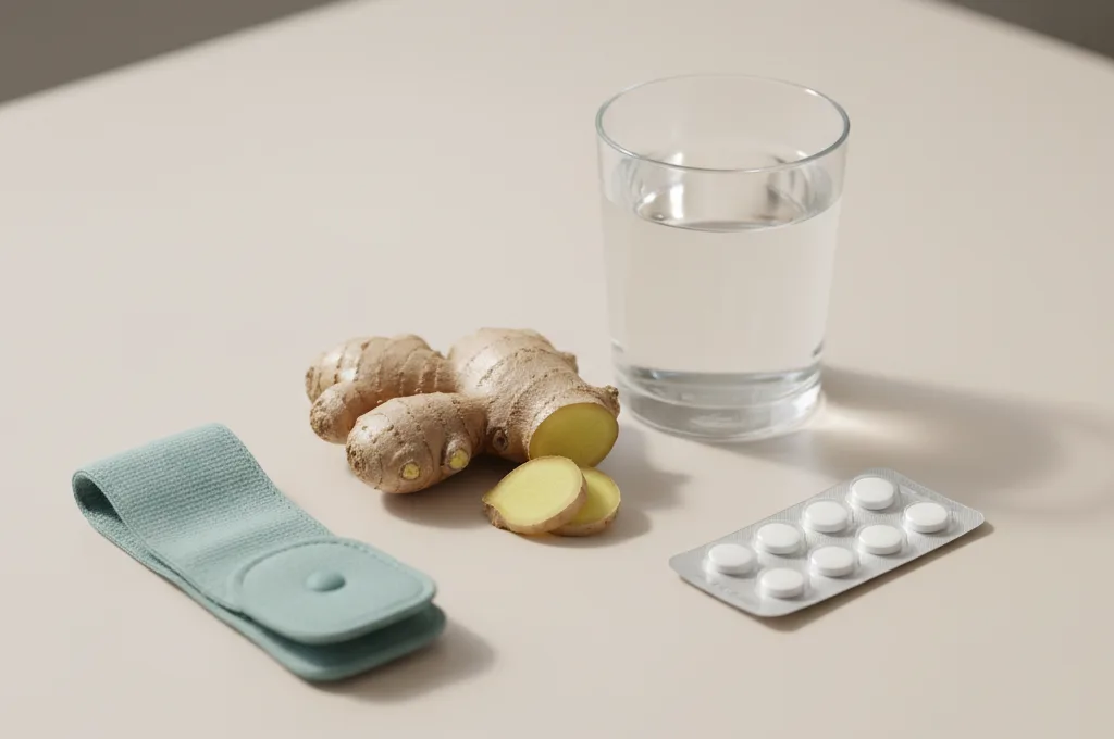 Ginger, an acupressure wristband, pills and water — VR nausea remedies