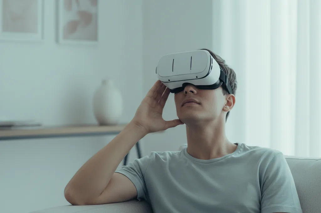 A person on a sofa wearing a VR headset, experiencing VR motion sickness